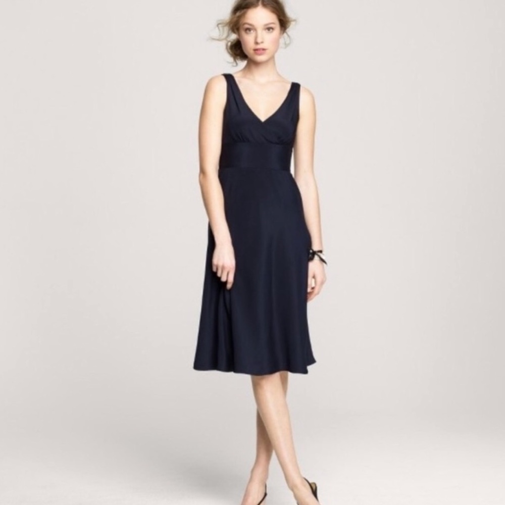 J Crew Sophia Midi V-Neck Dress Black size 0P 100% Silk Lined LBD